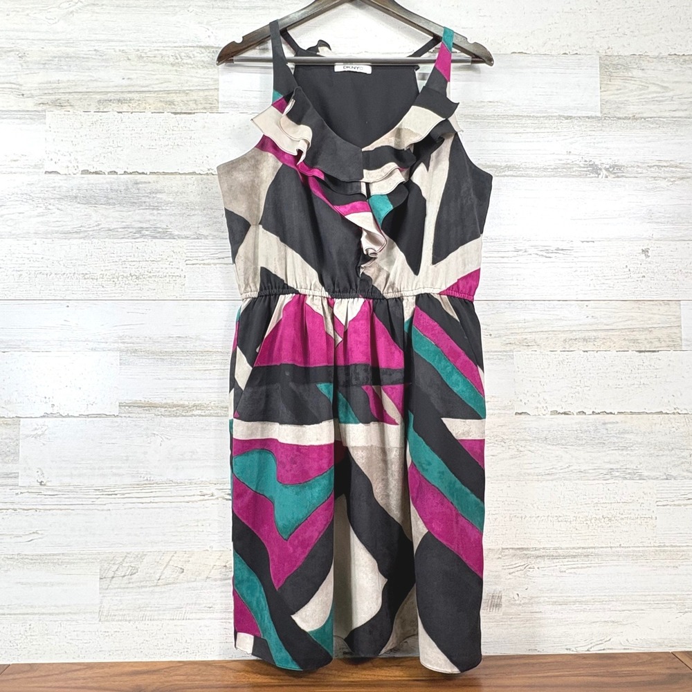 DKNYC Sleeveless Dress Women L Multicolor Geometric Ruffle Whimsigoth Chic